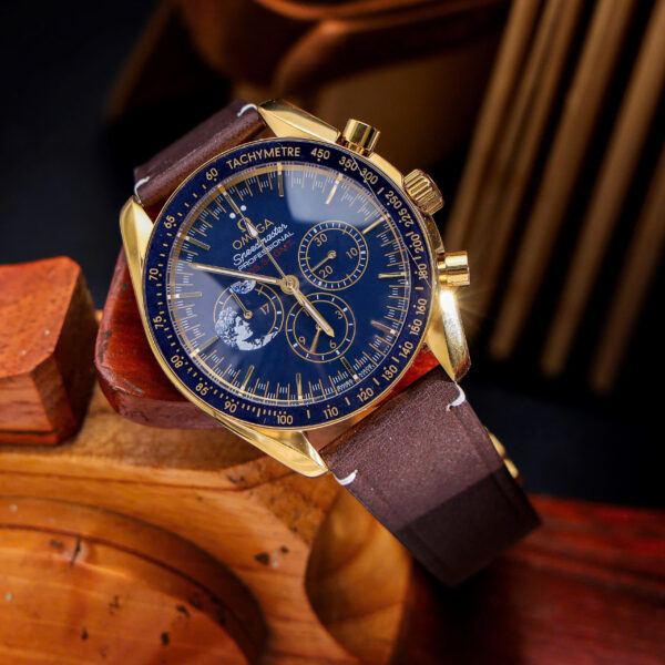 Đồng hồ Omega Speedmaster nam vàng gold dây da nâu fake cao cấp 43mm (1)