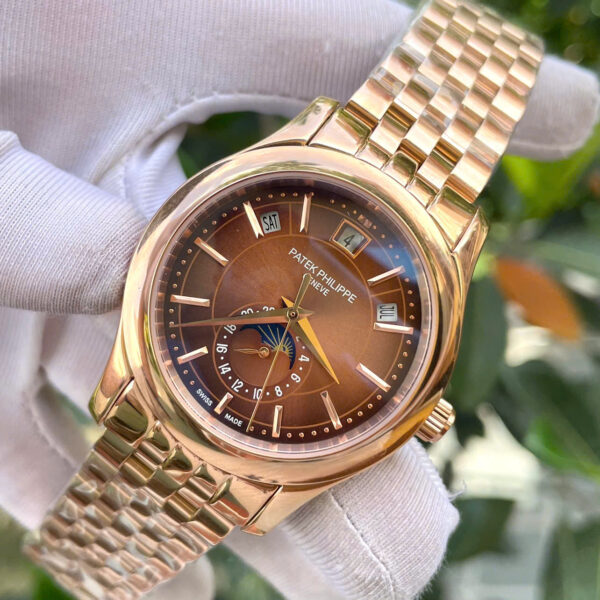 Đồng hồ Patek philipe 5205R rose gold mặt chocolate máy cơ nhật rẻ fake cao cấp 40mm