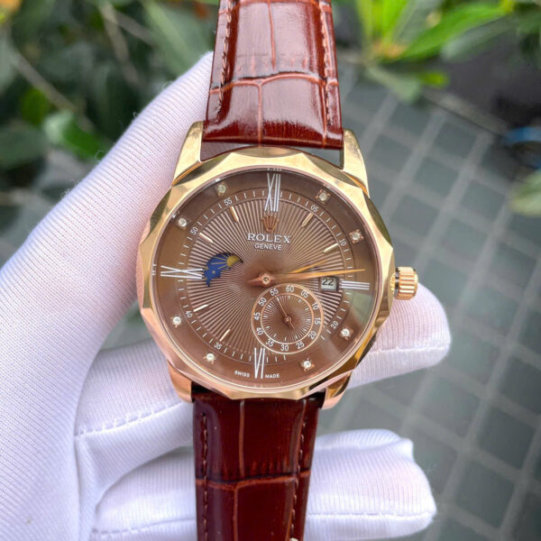 Đồng hồ Rolex Cellini nam viền vát dây da mặt chocolate fake cao cấp 40mm