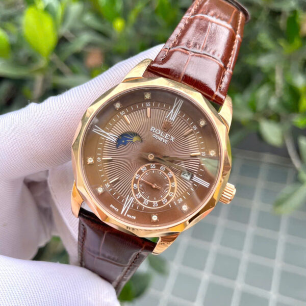 Đồng hồ Rolex Cellini nam viền vát dây da mặt chocolate fake cao cấp 40mm