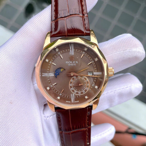 Đồng hồ Rolex Cellini nam viền vát dây da mặt chocolate fake cao cấp 40mm