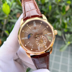 Đồng hồ Rolex Cellini nam viền vát dây da mặt chocolate fake cao cấp 40mm