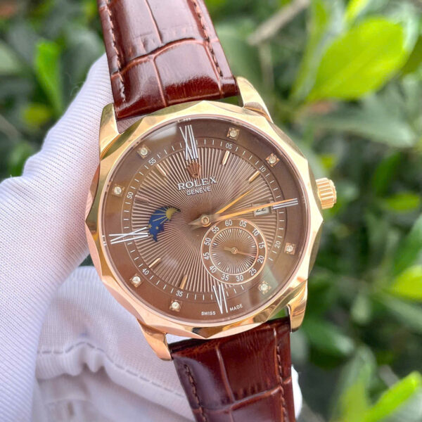 Đồng hồ Rolex Cellini nam viền vát dây da mặt chocolate fake cao cấp 40mm