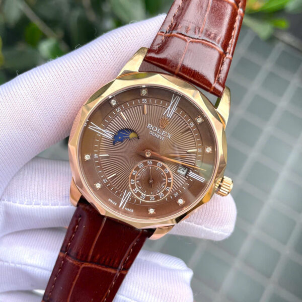 Đồng hồ Rolex Cellini nam viền vát dây da mặt chocolate fake cao cấp 40mm