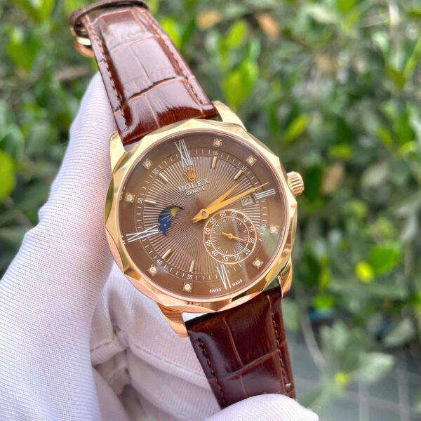 Đồng hồ Rolex Cellini nam viền vát dây da mặt chocolate fake cao cấp 40mm
