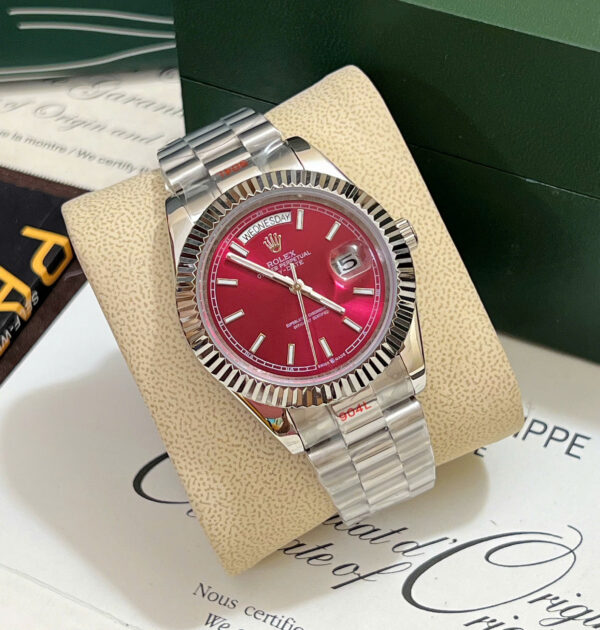 Đồng hồ Rolex Day - Date nam mặt đỏ cọc số dạ quang fake cao cấp 40mm