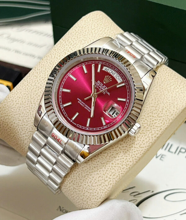 Đồng hồ Rolex Day - Date nam mặt đỏ cọc số dạ quang fake cao cấp 40mm