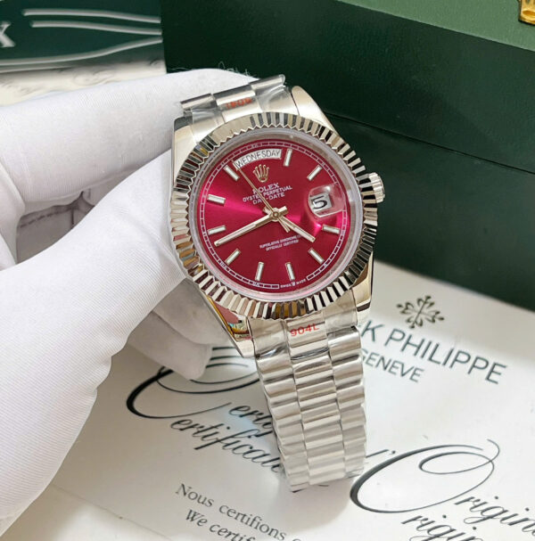 Đồng hồ Rolex Day - Date nam mặt đỏ cọc số dạ quang fake cao cấp 40mm