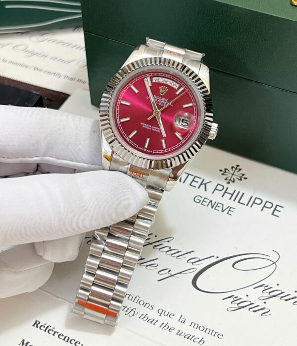 Đồng hồ Rolex Day - Date nam mặt đỏ cọc số dạ quang fake cao cấp 40mm