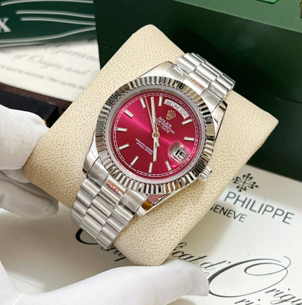 Đồng hồ Rolex Day - Date nam mặt đỏ cọc số dạ quang fake cao cấp 40mm