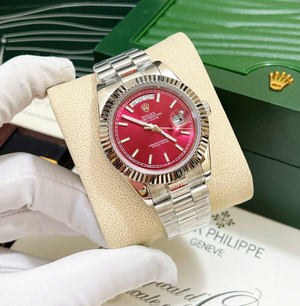 Đồng hồ Rolex Day - Date nam mặt đỏ cọc số dạ quang fake cao cấp 40mm