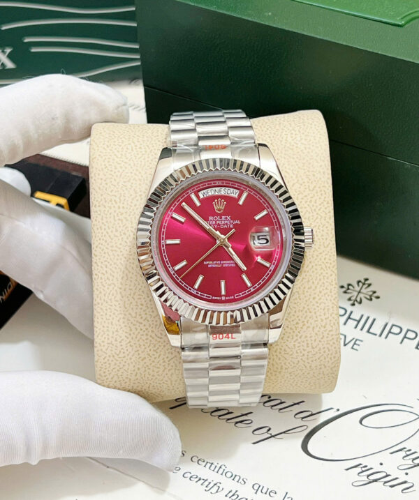 Đồng hồ Rolex Day - Date nam mặt đỏ cọc số dạ quang fake cao cấp 40mm
