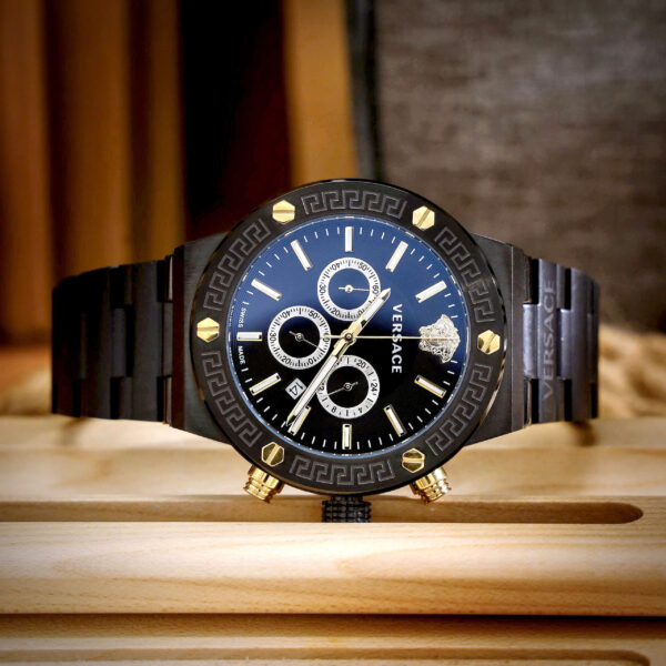 Đồng hồ Versace Greca Logo Chrono nam full đen máy pin nhật like auth 43mm (1)