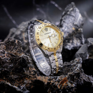 Đồng hồ Versace Greca Time GMT demi vàng cọc số dạ quang 41mm