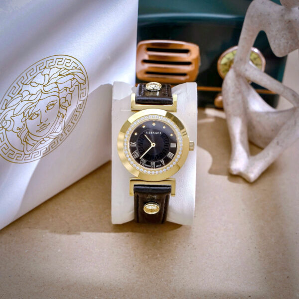 Đồng hồ Versace Vanity nữ dây da đen cọc số la mã đính đá viền like auth 35mm