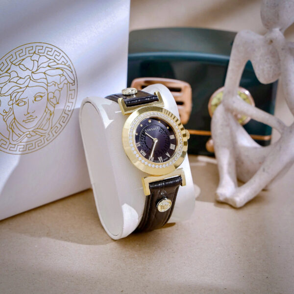 Đồng hồ Versace Vanity nữ dây da đen cọc số la mã đính đá viền like auth 35mm