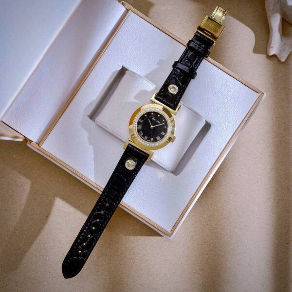 Đồng hồ Versace Vanity nữ dây da đen cọc số la mã đính đá viền like auth 35mm
