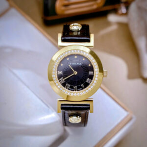 Đồng hồ Versace Vanity nữ dây da đen cọc số la mã đính đá viền like auth 35mm