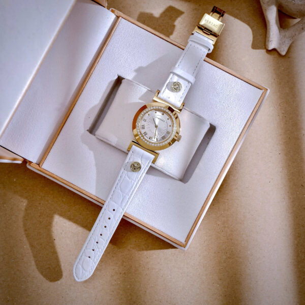 Đồng hồ Versace Vanity nữ dây da trắng cọc số la mã like auth 35mm