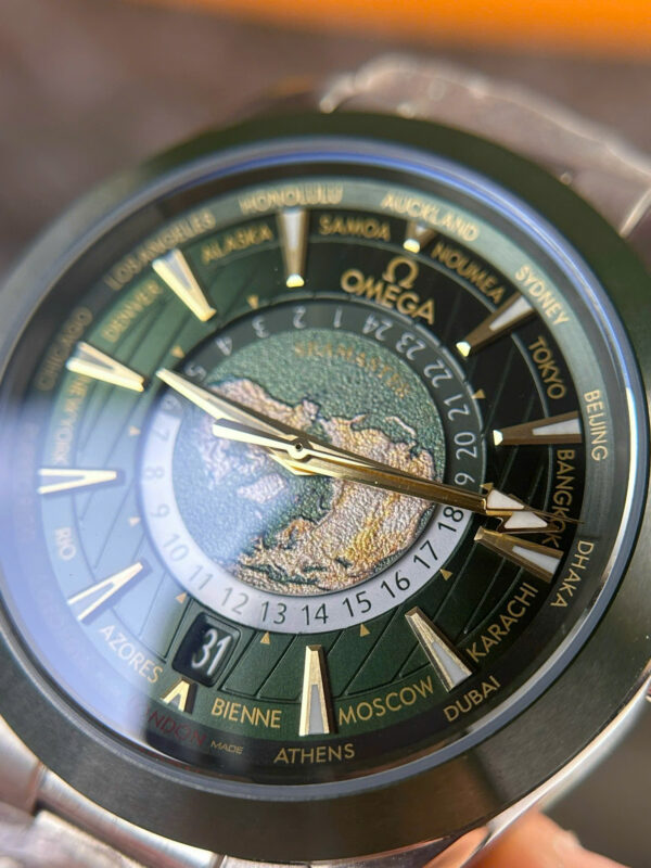 Đồng hồ Omega Aqua Terra Worldtimer Rep 11 màu xanh lá cây dây kim loại nhà máy VS 43mm (2)
