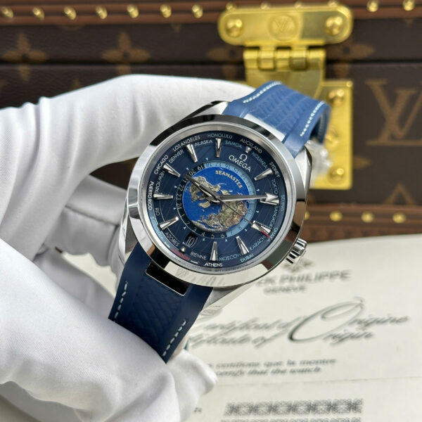 Đồng hồ Omega Aqua Terra Worldtimer Replica 11 màu xanh dương máy cơ Thụy Sỹ xưởng VS 43mm (2)