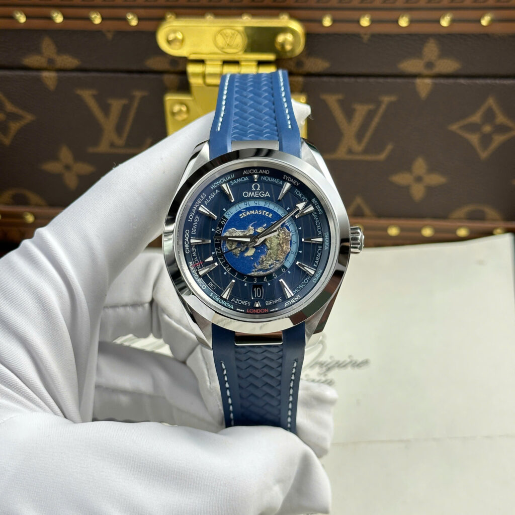Đồng hồ Omega Aqua Terra Worldtimer Replica 11 màu xanh dương máy cơ Thụy Sỹ xưởng VS 43mm (2)