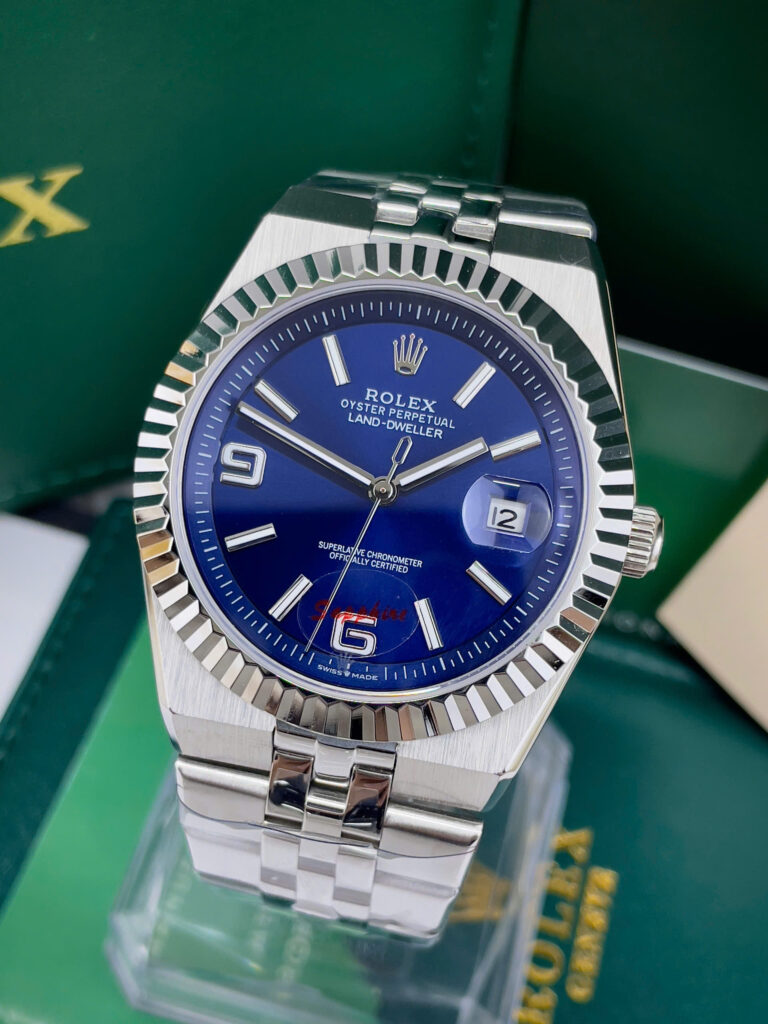 Đồng hồ Rolex Land-Dweller mặt xanh blue cọc số dạ quang fake 11 40mm