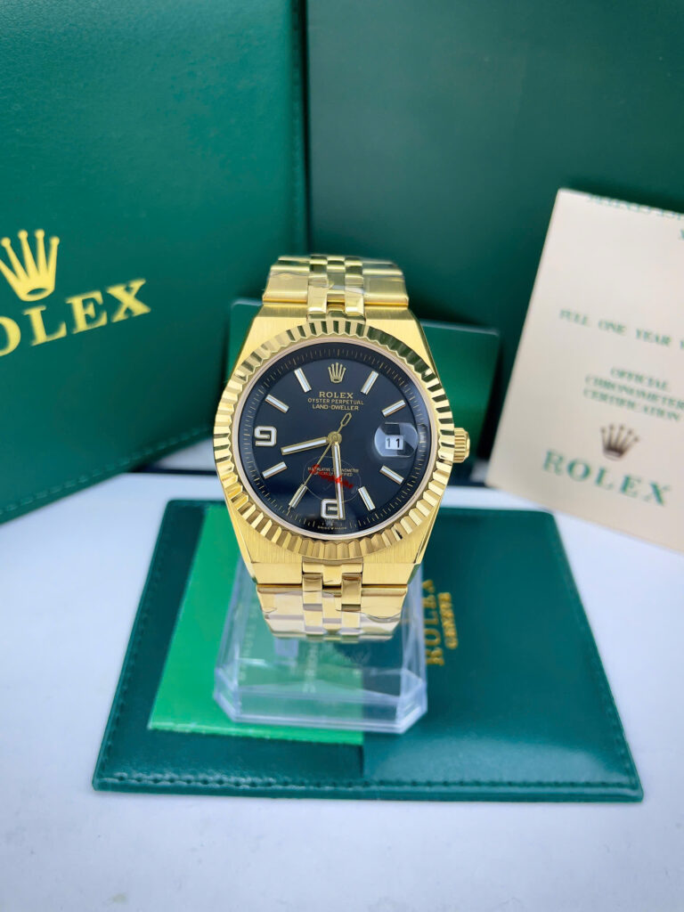 Đồng hồ Rolex Land-Dweller vàng gold mặt đen fake cao cấp 40mm