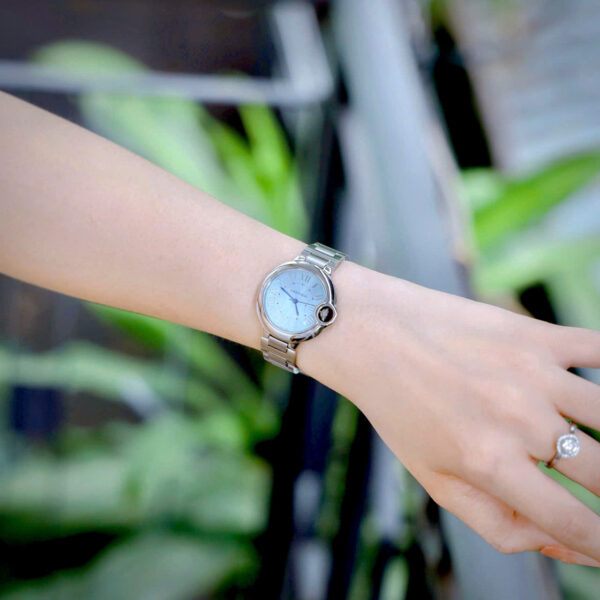 Đồng hồ Cartier Ballon Bleu nữ dây kim loại mặt xanh blue fake cao cấp 33mm