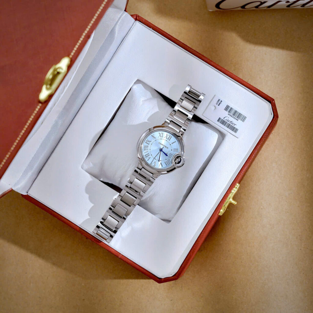 Đồng hồ Cartier Ballon Bleu nữ dây kim loại mặt xanh blue fake cao cấp 33mm