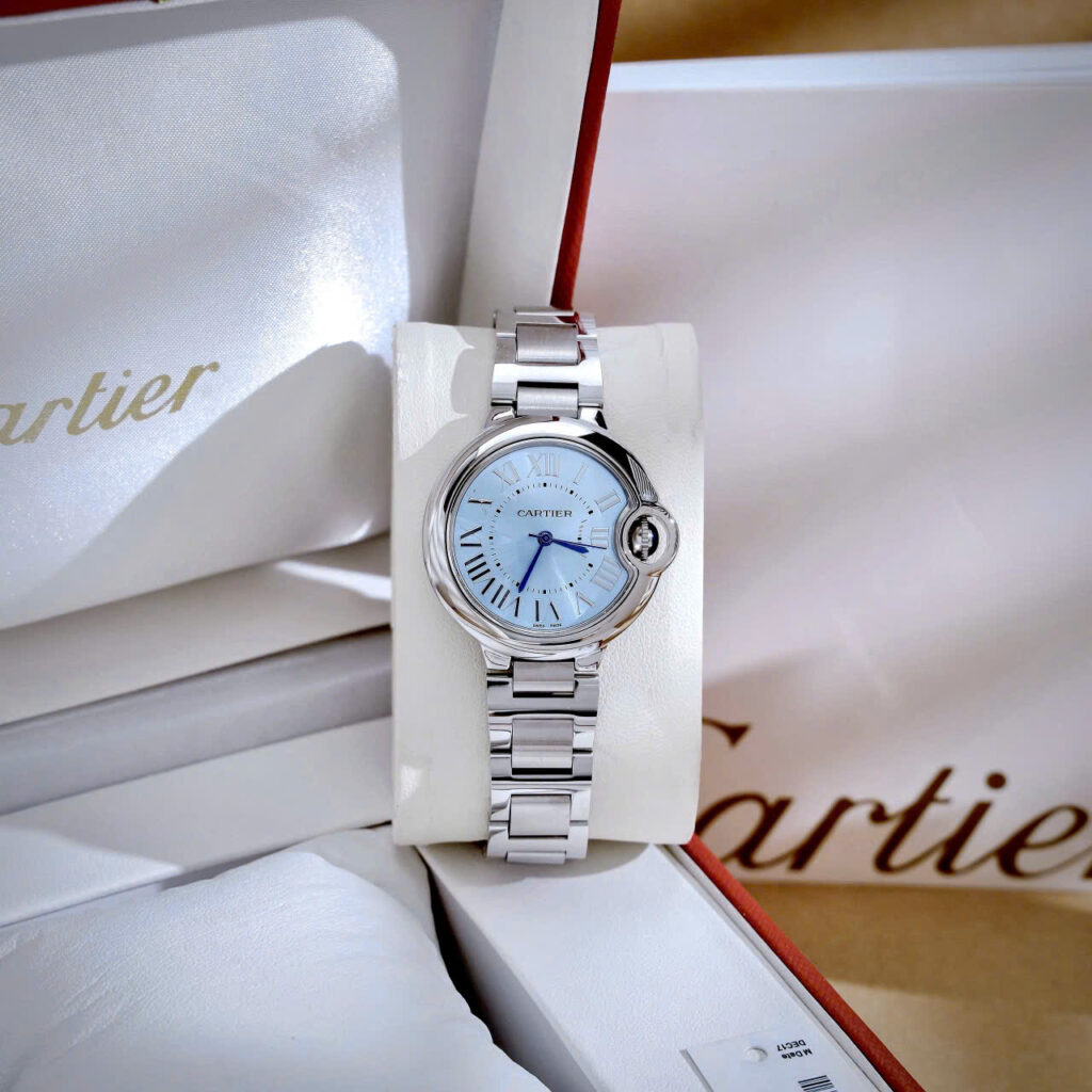 Đồng hồ Cartier Ballon Bleu nữ dây kim loại mặt xanh blue fake cao cấp 33mm