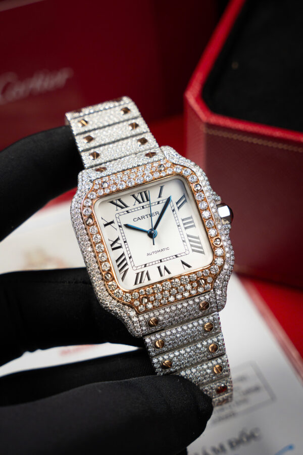 Đồng hồ Cartier Santos Rep 11 nữ đính full kim cương moissanite xưởng BV 35 (2)
