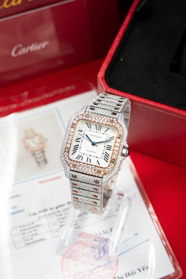 Đồng hồ Cartier Santos Rep 11 nữ đính full kim cương moissanite xưởng BV 35 (2)