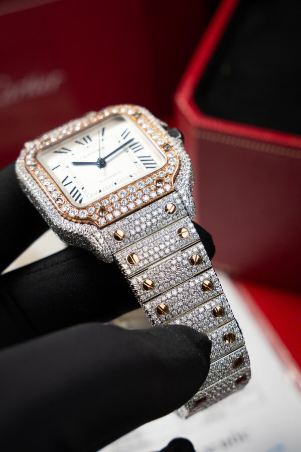 Đồng hồ Cartier Santos Rep 11 nữ đính full kim cương moissanite xưởng BV 35 (2)