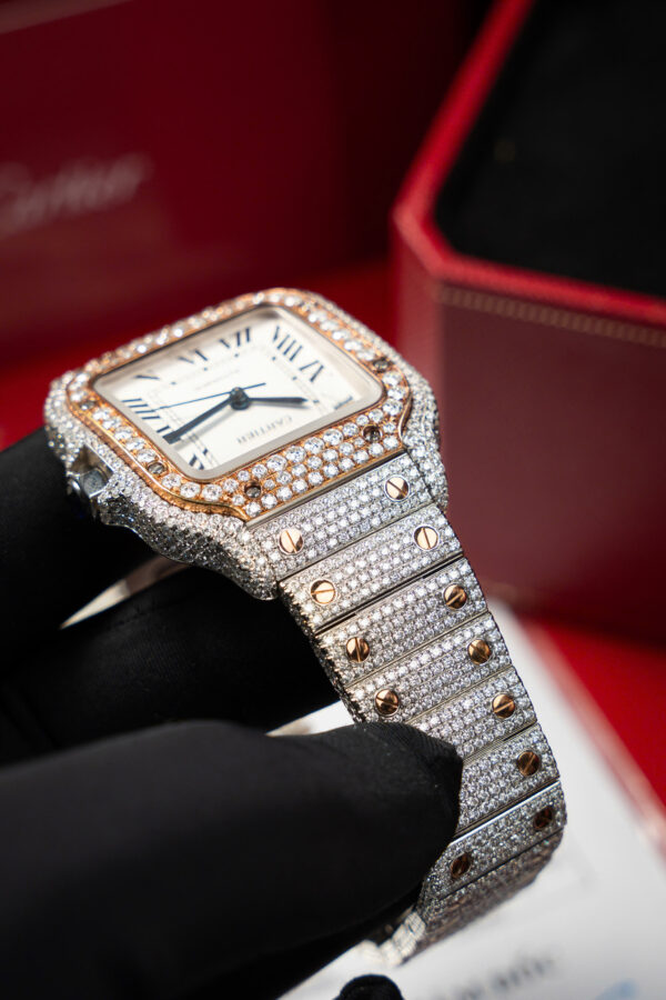 Đồng hồ Cartier Santos Rep 11 nữ đính full kim cương moissanite xưởng BV 35 (6)