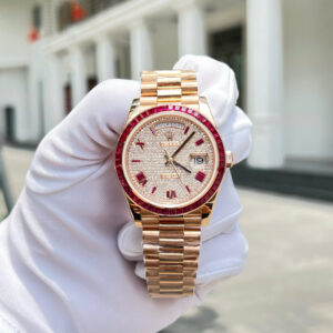 Đồng hồ Rolex Day-Date Replica 11 bọc vàng 18K + ruby tổng hợp + kim cương moissanite xưởng GM 40mm (2)