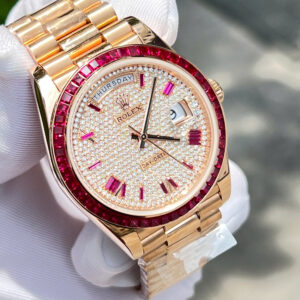 Đồng hồ Rolex Day-Date Replica 11 bọc vàng 18K + ruby tổng hợp + kim cương moissanite xưởng GM 40mm (2)