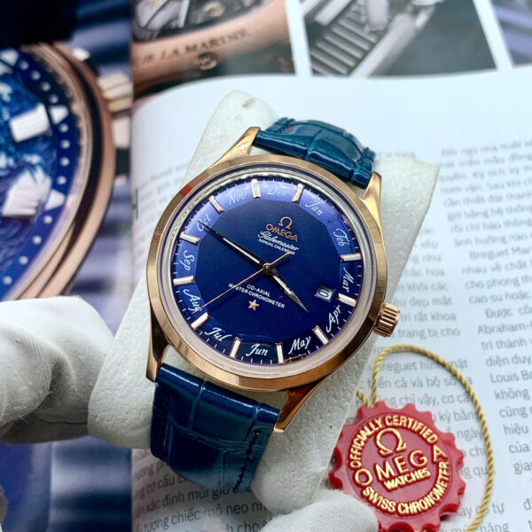 Đồng hồ Omega Globemaster Annual Calendar nam dây da blue fake cao cấp 40mm