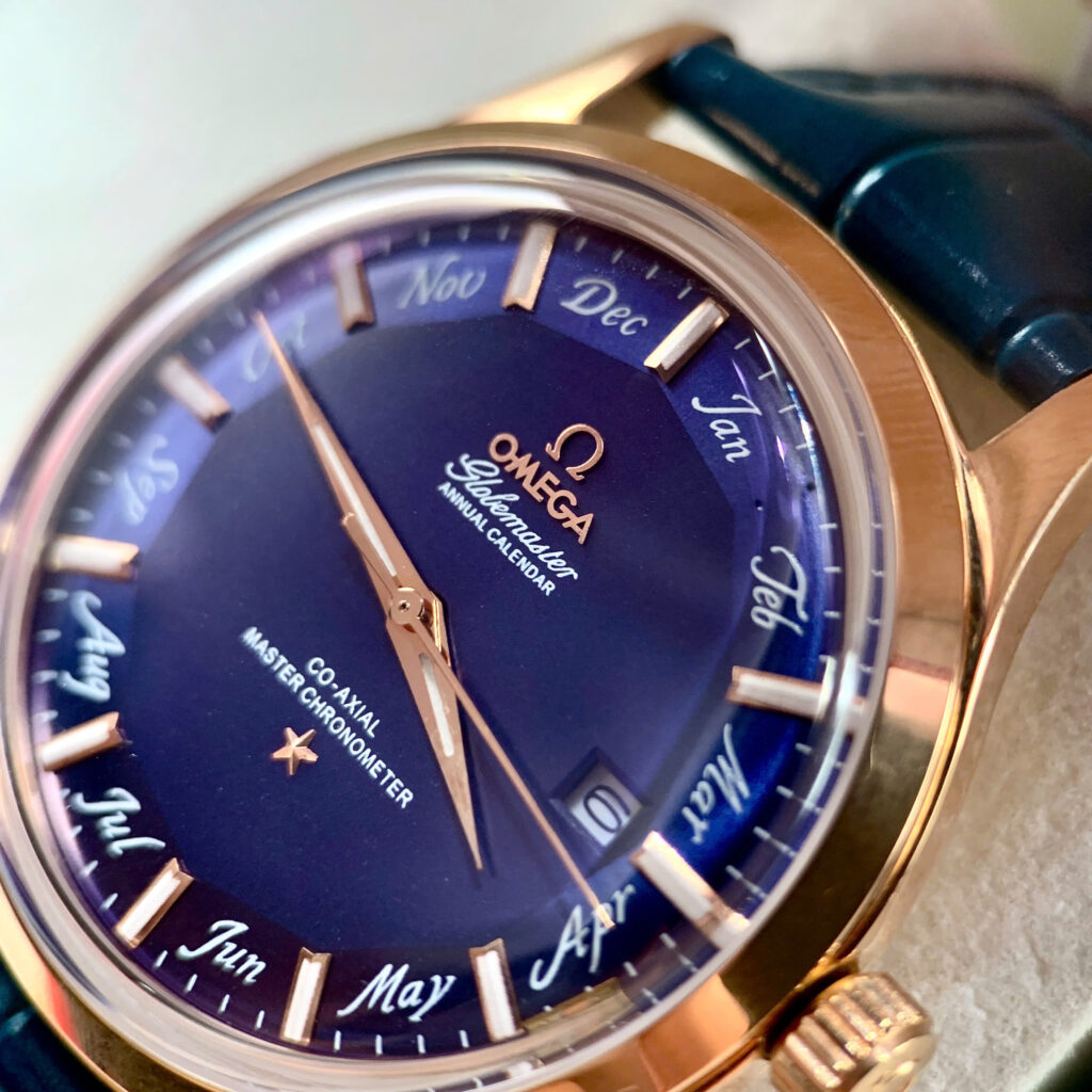 Đồng hồ Omega Globemaster Annual Calendar nam dây da blue fake cao cấp 40mm