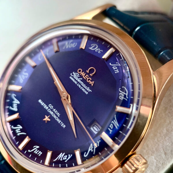 Đồng hồ Omega Globemaster Annual Calendar nam dây da blue fake cao cấp 40mm