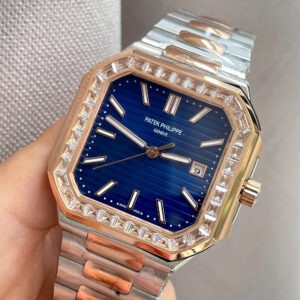 Đồng hồ Patek philippe 5821 nam demi mặt xanh đính đá baguette fake cao cấp 45mm
