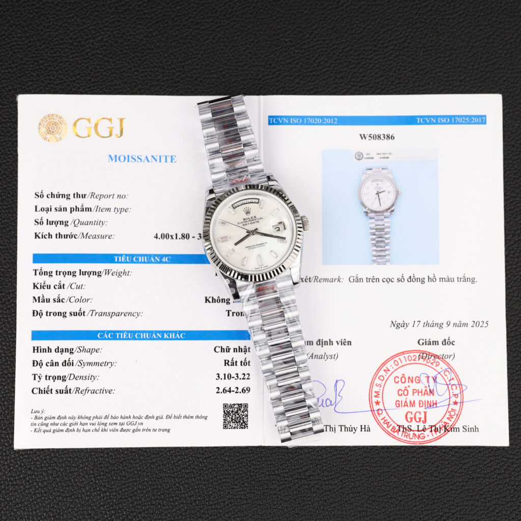 Đồng hồ Rolex Day-Date Replica 11 mặt khảm xà cừ cọc số đính moissanite baguette 40mm (2)