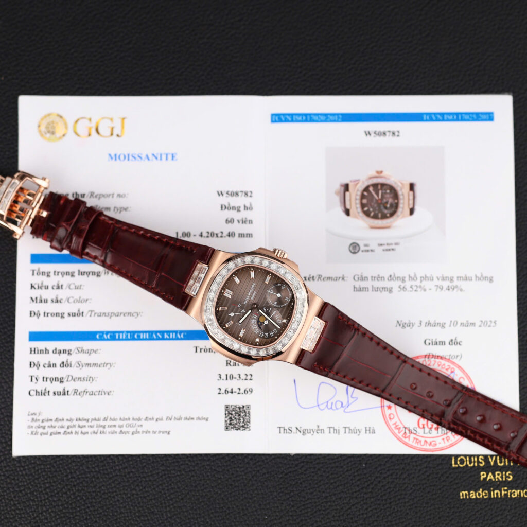 Đồng hồ nam Rep 11 Patek Philippe Nautilus 5724R bọc vàng thật + đính kim cương moissanite nhà máy GR 40mm (2)