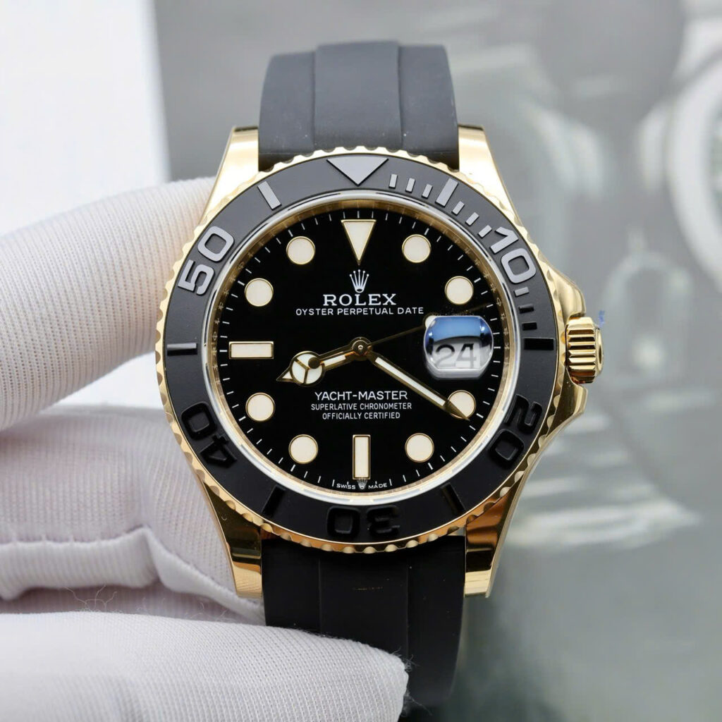 Đồng hồ Rolex Yacht-Master II Fake cao cấp vỏ mạ vàng mặt đen 42mm (2)