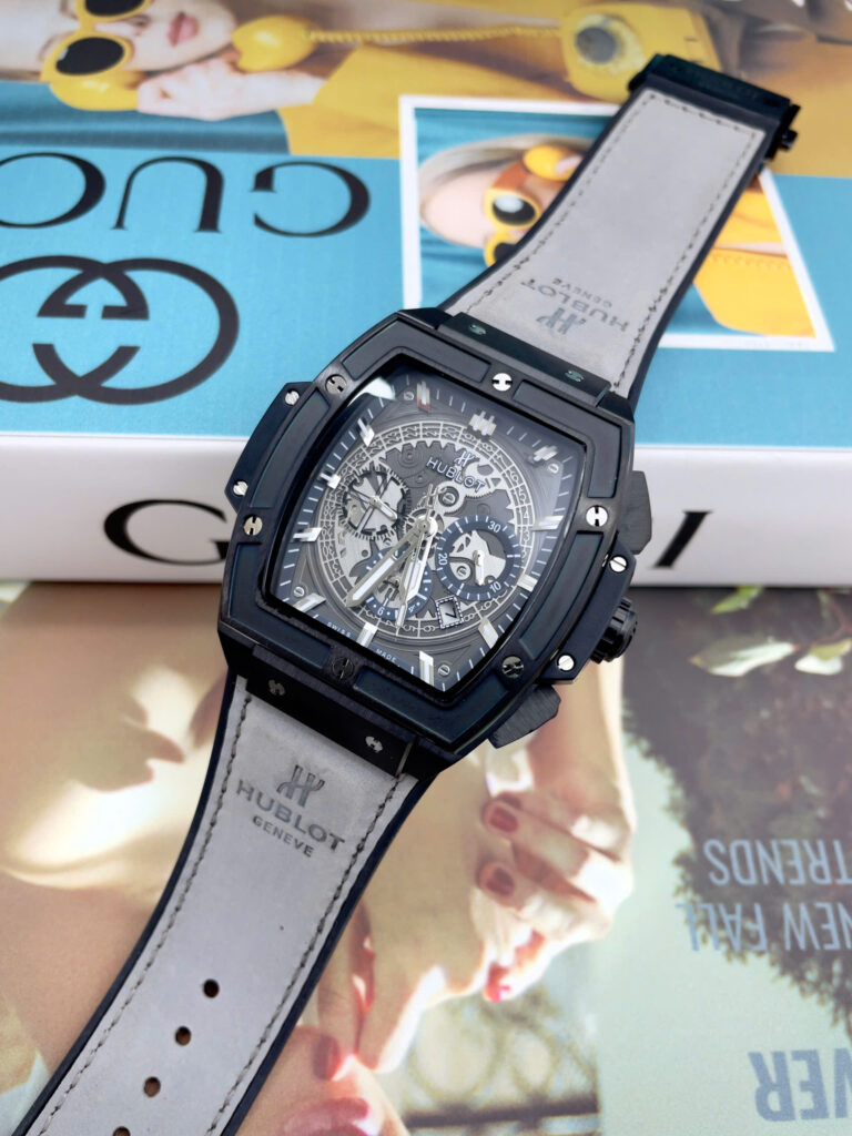 Đồng hồ Hublot Spirit Big Bang nam vỏ đen dây xám lông chuột máy cơ nhật giá rẻ 44mm