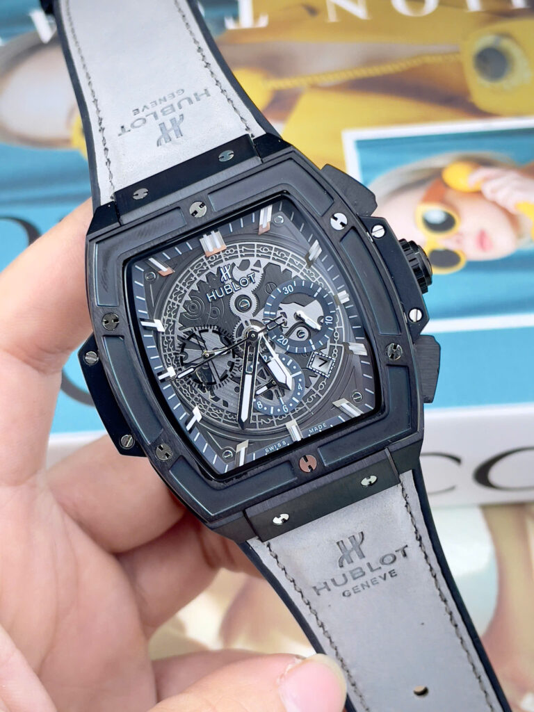 Đồng hồ Hublot Spirit Big Bang nam vỏ đen dây xám lông chuột máy cơ nhật giá rẻ 44mm