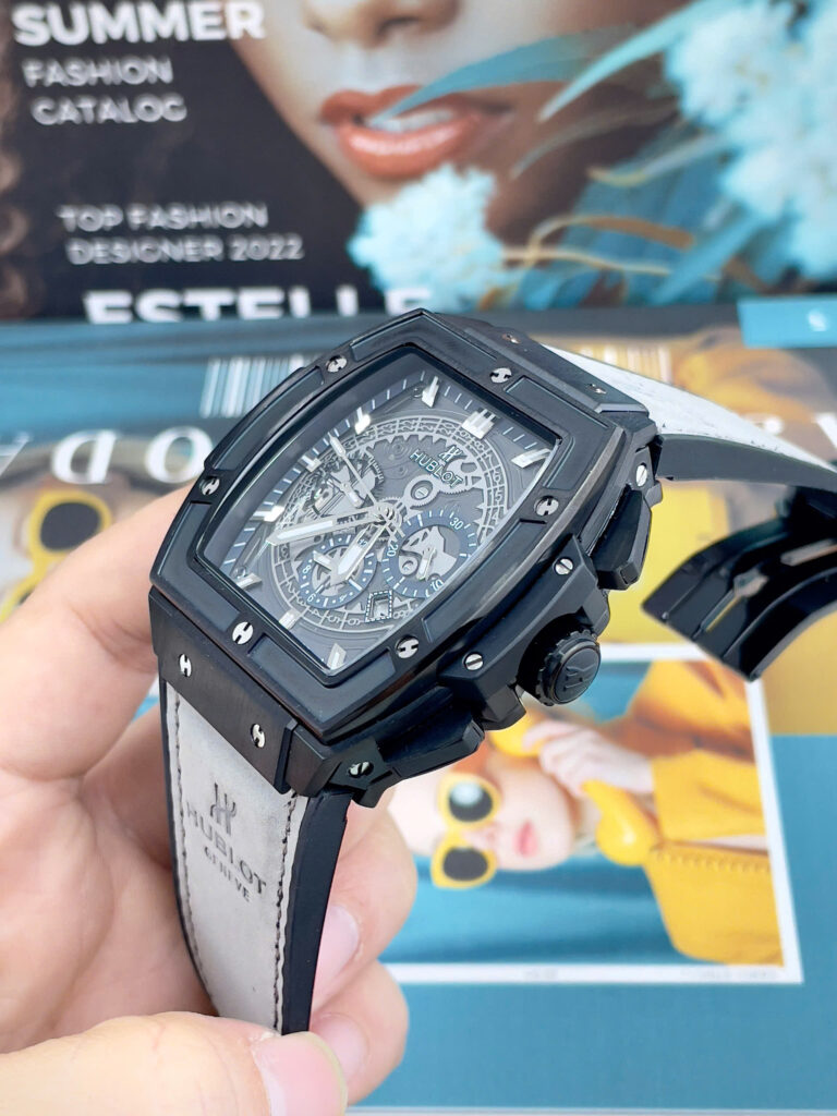Đồng hồ Hublot Spirit Big Bang nam vỏ đen dây xám lông chuột máy cơ nhật giá rẻ 44mm