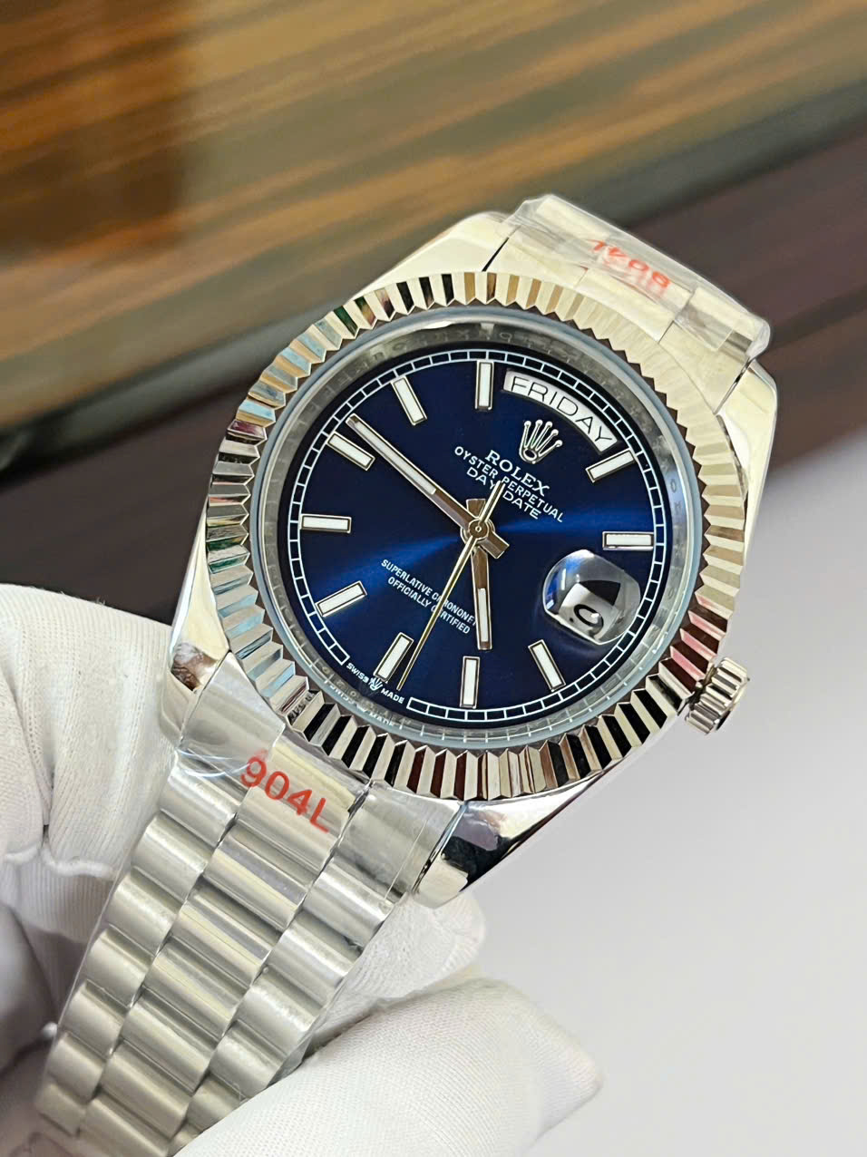 Đồng hồ Rolex Day-Date nam mặt xanh blue cọc số dạ quang fake cao cấp 40mm (1) Đồng hồ Rolex Day-Date nam mặt xanh blue cọc số dạ quang fake cao cấp 40mm