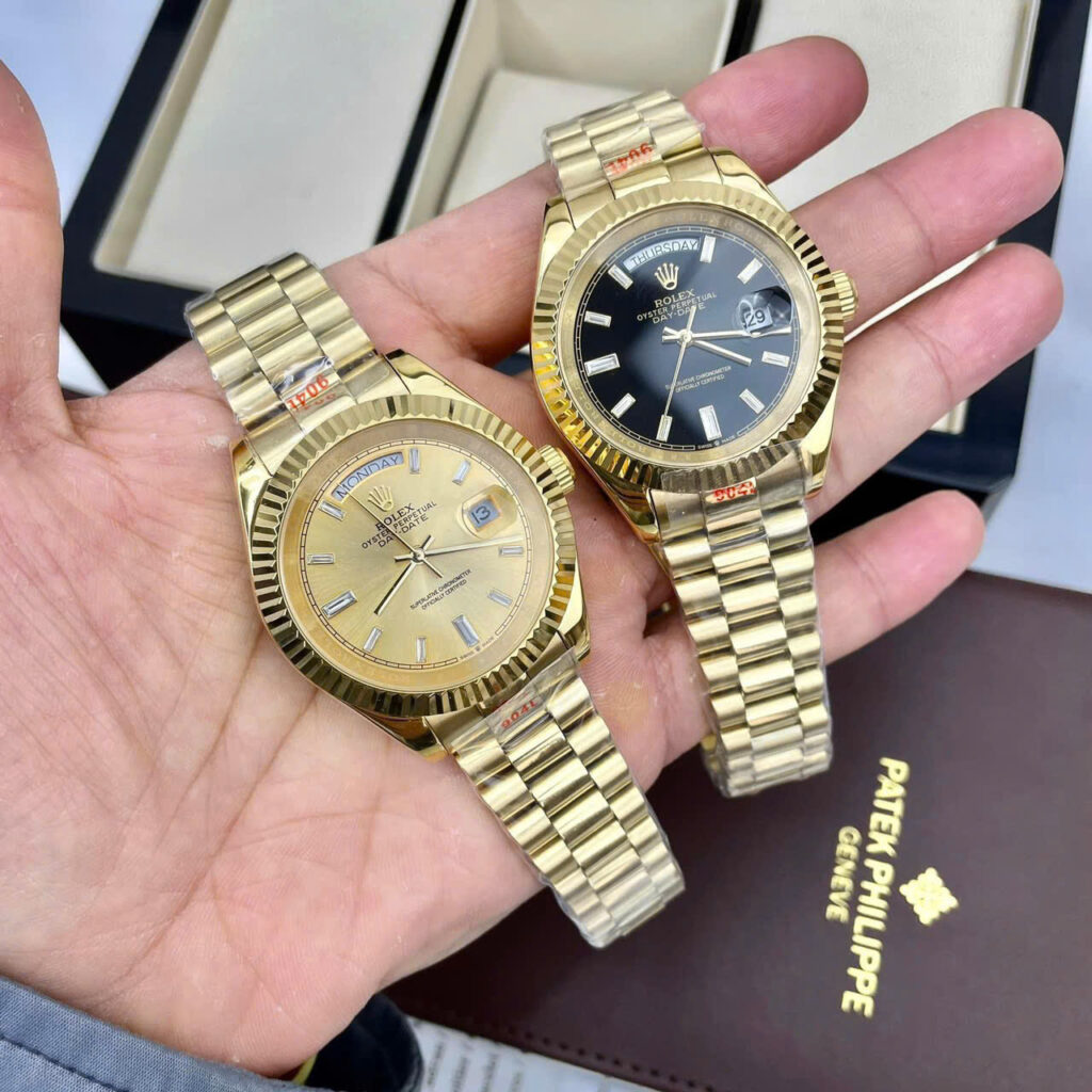 Đồng hồ Rolex Day-Date nam vàng gold cọc số đá mặt đen fake cao cấp 40mm