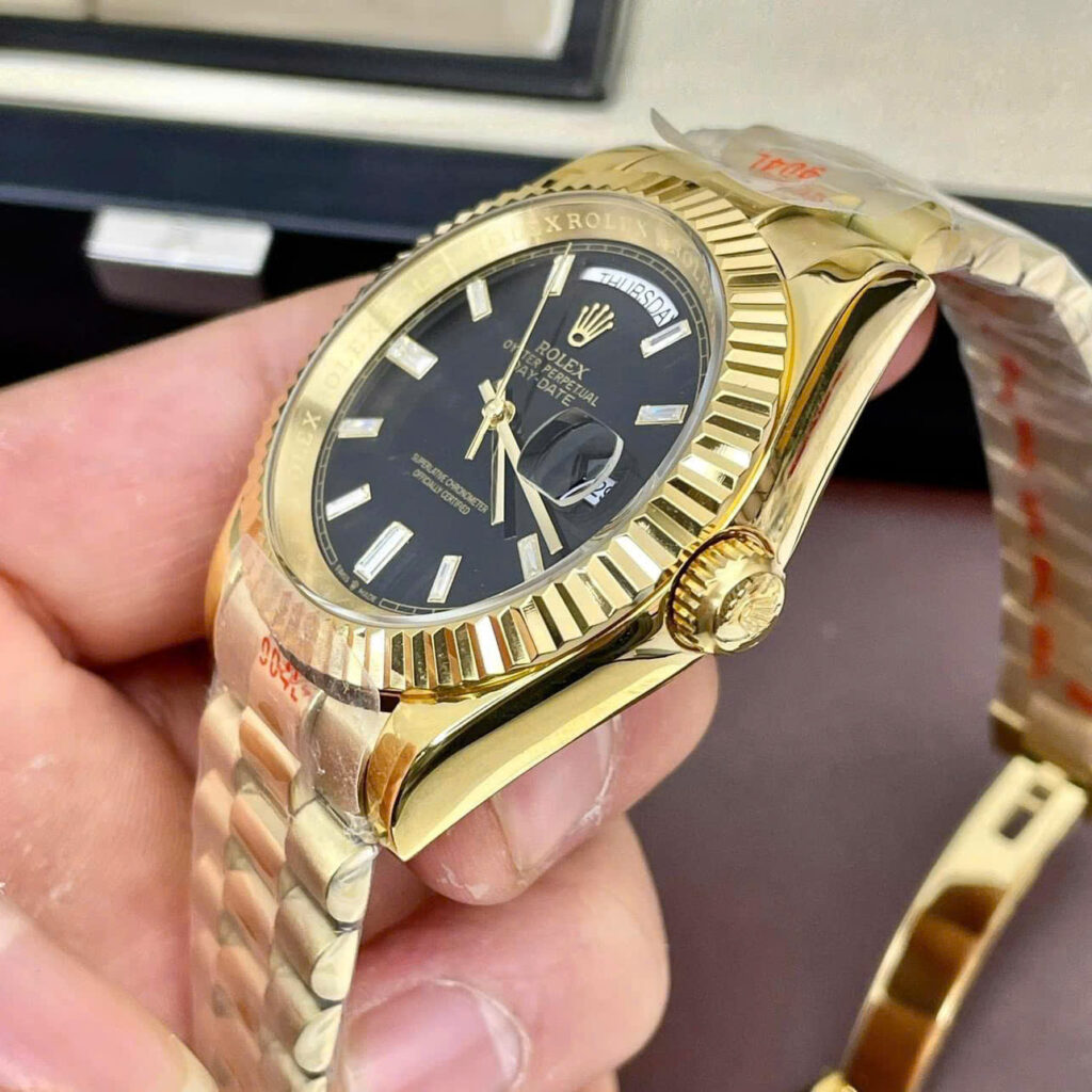 Đồng hồ Rolex Day-Date nam vàng gold cọc số đá mặt đen fake cao cấp 40mm